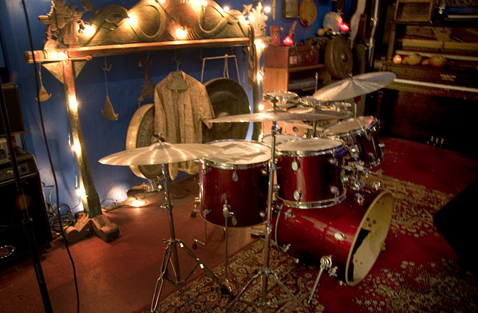 Charlie's drum set, at his memorial gathering. Photo by Mark Sullo.